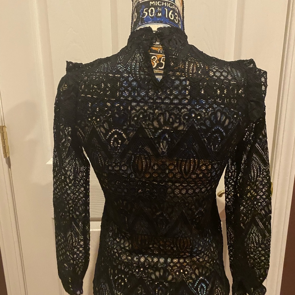 Black Lace Patchwork Ruffle Blouse - image 6